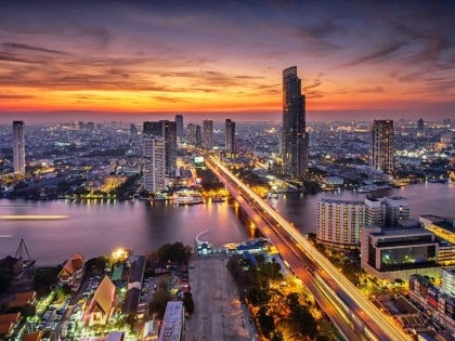 Bangkok at Sunset, View of Bridge and Skyline. 