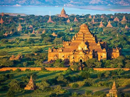 Landscape at Bagan with pagados, Irrawady River and green spots
