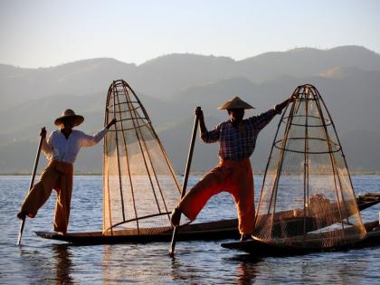 Fishermen at Inle Lake with special fishing technique, Myanmar