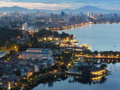 Night view over West Lake, Hanoi, Vietnam