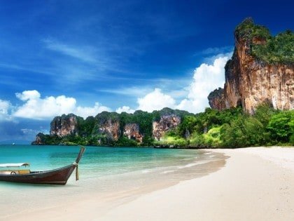 Krabi Beach with Boat and Lime Stones