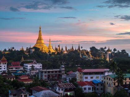 View over Yangon skyline at sunset, Myanmar