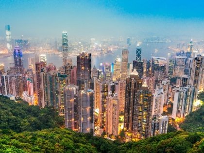 View over Hong Kong Skyline at Sunset