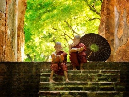 Buddhist boy monks reading at steps, Myanmar