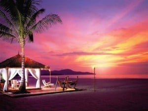 Sunset over the beach at Shangri-La Rasa Ria Resort
