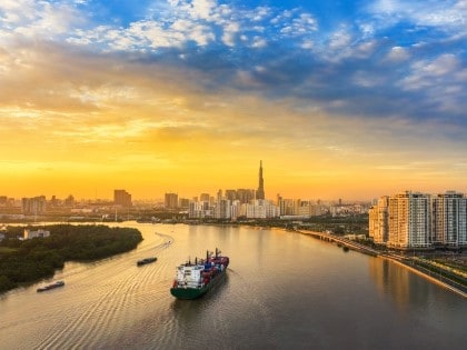 Aerial view of center Ho Chi Minh City, Sunset over Saigon River