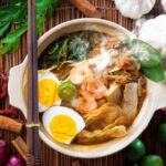 Malaysian Noodle Soup with Prawns, Egg, Spinach